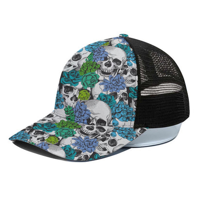 Green Blue Flowers Skull Pattern Print Black Mesh Trucker Cap
