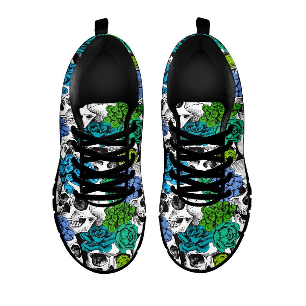 Green Blue Flowers Skull Pattern Print Black Running Shoes