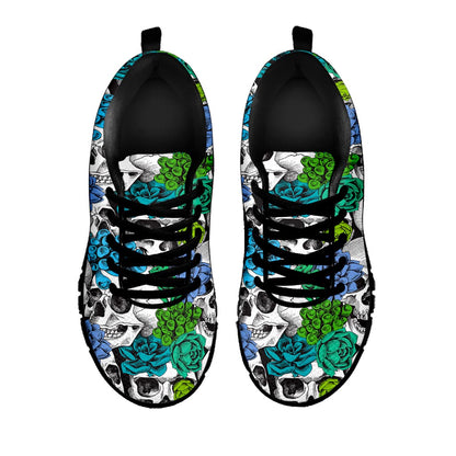 Green Blue Flowers Skull Pattern Print Black Running Shoes