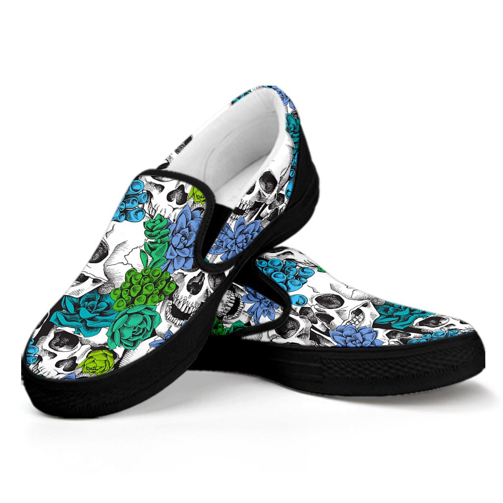 Green Blue Flowers Skull Pattern Print Black Slip On Sneakers