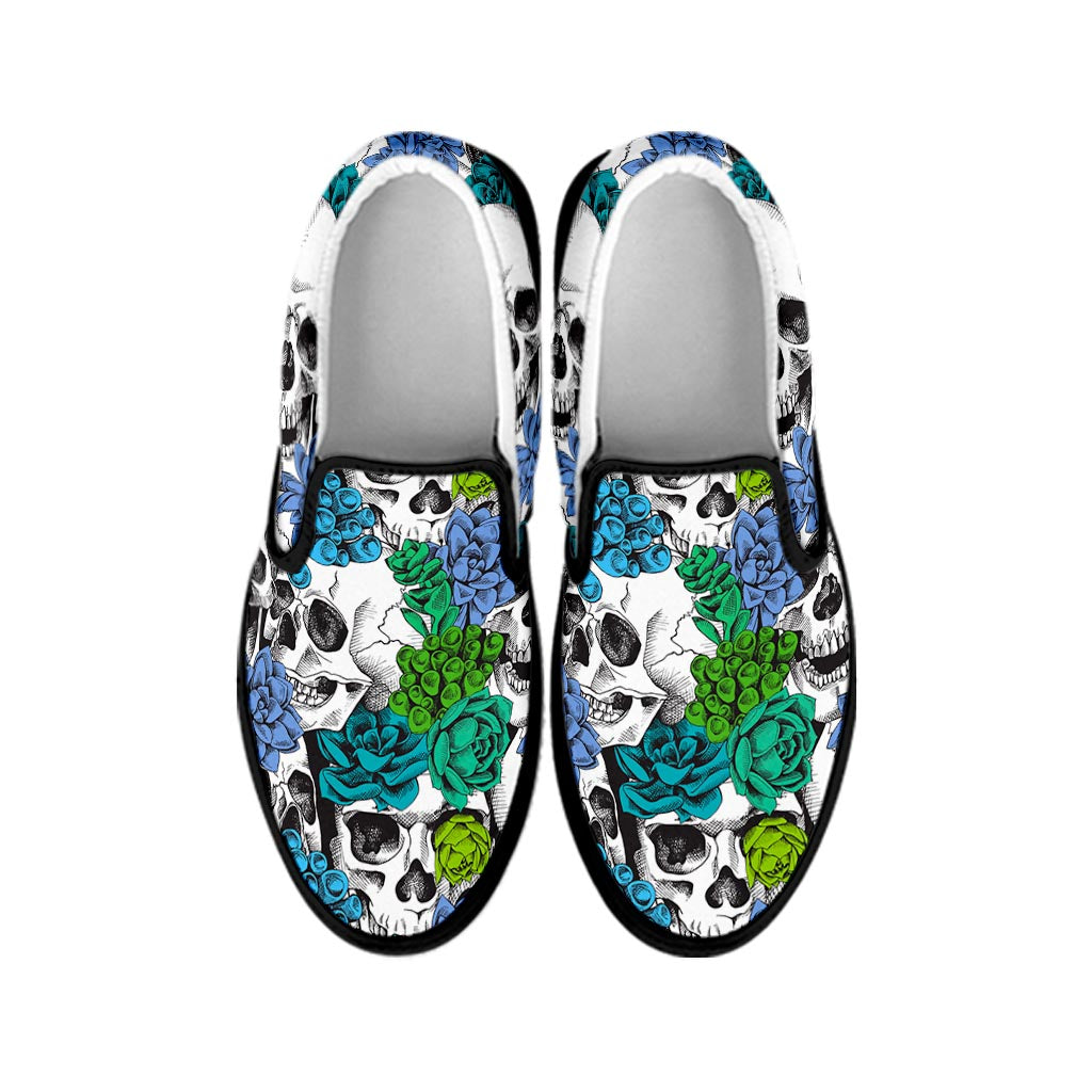 Green Blue Flowers Skull Pattern Print Black Slip On Sneakers