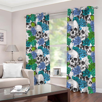 Green Blue Flowers Skull Pattern Print Blackout Grommet Curtains