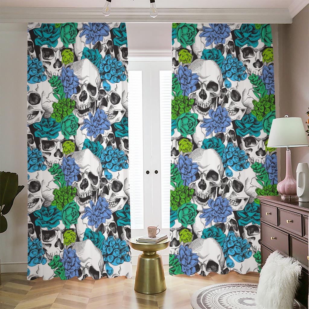 Green Blue Flowers Skull Pattern Print Blackout Pencil Pleat Curtains