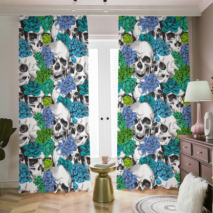 Green Blue Flowers Skull Pattern Print Blackout Pencil Pleat Curtains