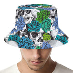 Green Blue Flowers Skull Pattern Print Bucket Hat
