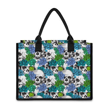 Green Blue Flowers Skull Pattern Print Canvas Tote Bag