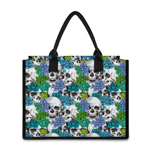 Green Blue Flowers Skull Pattern Print Canvas Tote Bag