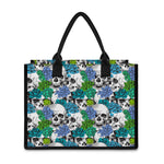Green Blue Flowers Skull Pattern Print Canvas Tote Bag