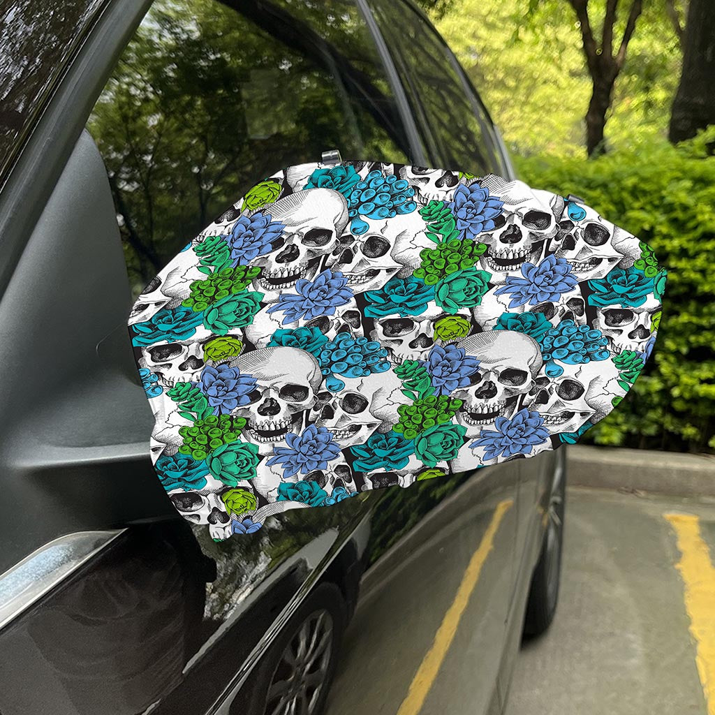 Green Blue Flowers Skull Pattern Print Car Side Mirror Covers