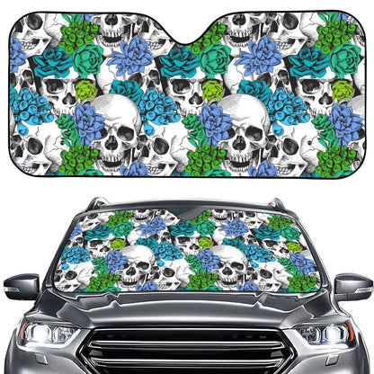 Green Blue Flowers Skull Pattern Print Car Windshield Sun Shade