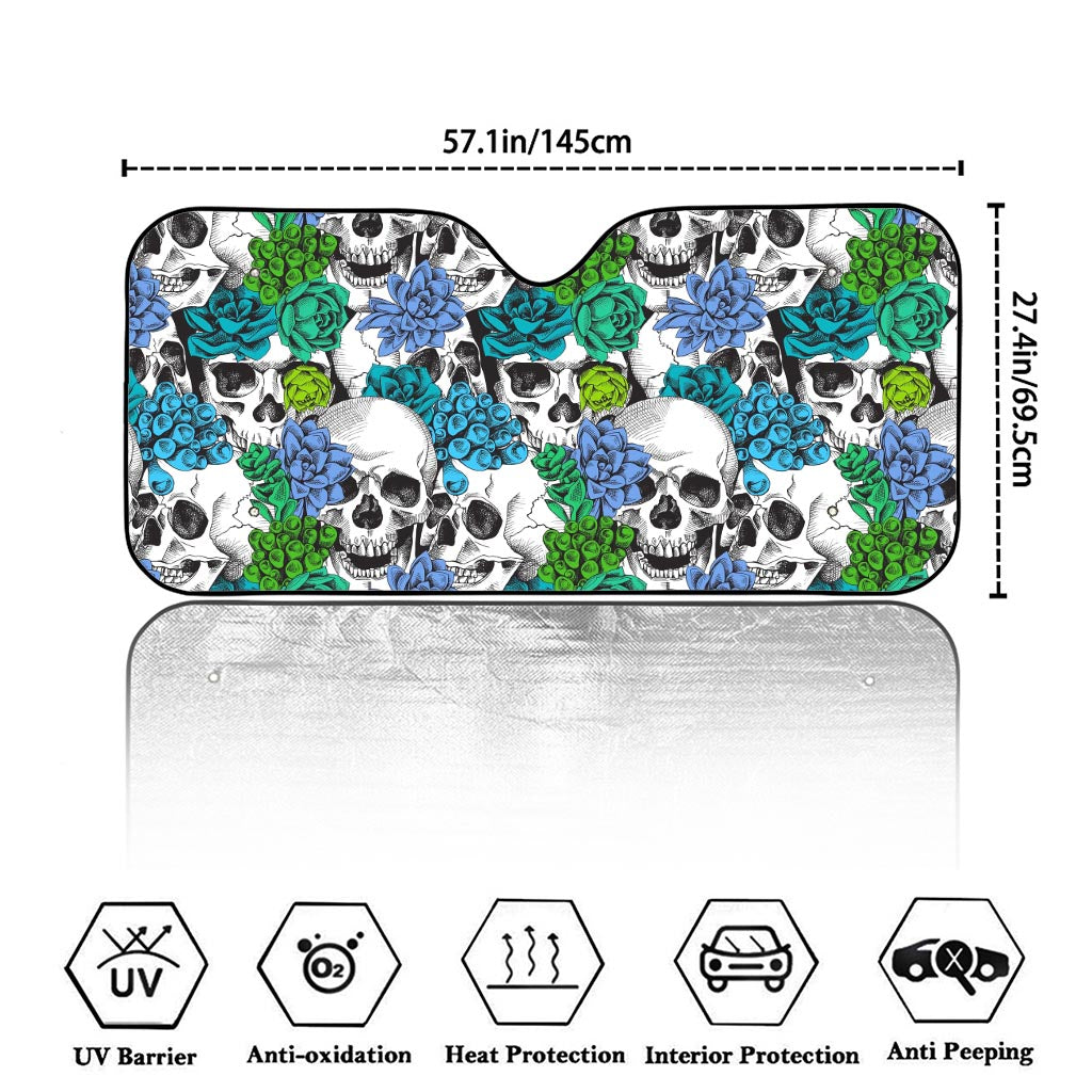 Green Blue Flowers Skull Pattern Print Car Windshield Sun Shade