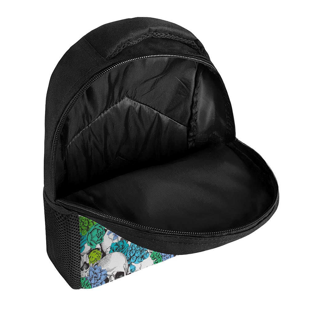 Green Blue Flowers Skull Pattern Print Casual Backpack