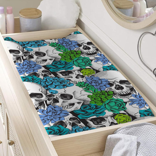 Green Blue Flowers Skull Pattern Print Changing Pad Cover