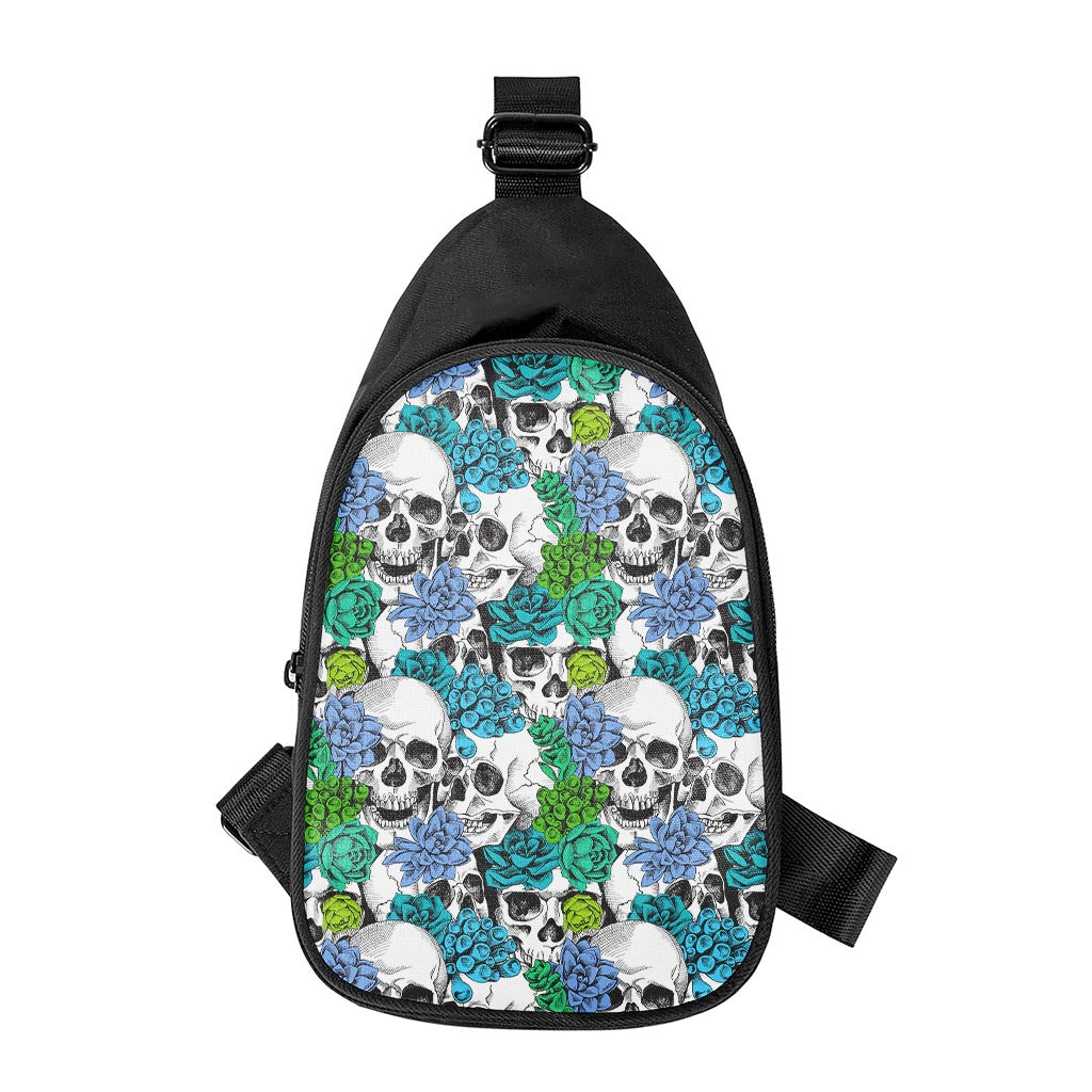 Green Blue Flowers Skull Pattern Print Chest Bag