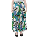 Green Blue Flowers Skull Pattern Print Chiffon Maxi Skirt