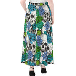 Green Blue Flowers Skull Pattern Print Chiffon Maxi Skirt