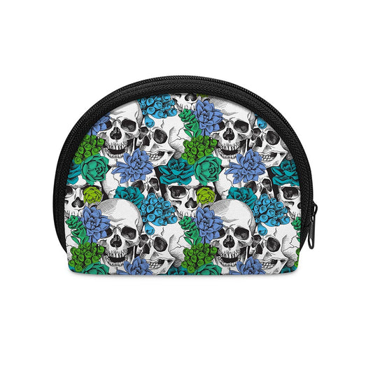Green Blue Flowers Skull Pattern Print Coin Purse