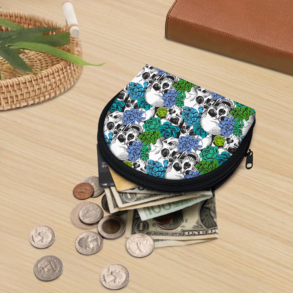 Green Blue Flowers Skull Pattern Print Coin Purse