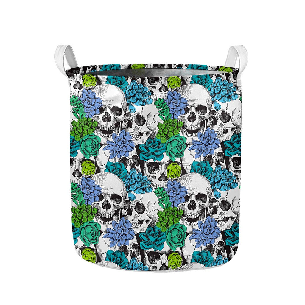 Green Blue Flowers Skull Pattern Print Collapsible Laundry Basket