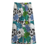 Green Blue Flowers Skull Pattern Print Cotton Front Slit Maxi Skirt