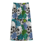 Green Blue Flowers Skull Pattern Print Cotton Front Slit Maxi Skirt
