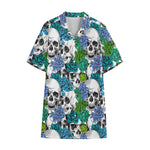 Green Blue Flowers Skull Pattern Print Cotton Hawaiian Shirt