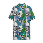 Green Blue Flowers Skull Pattern Print Cotton Hawaiian Shirt