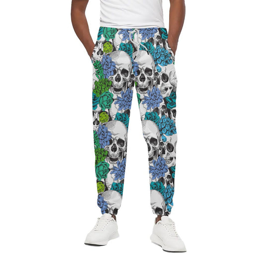 Green Blue Flowers Skull Pattern Print Cotton Pants