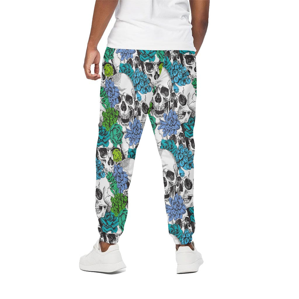 Green Blue Flowers Skull Pattern Print Cotton Pants