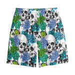 Green Blue Flowers Skull Pattern Print Cotton Shorts