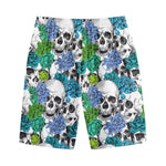 Green Blue Flowers Skull Pattern Print Cotton Shorts