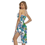 Green Blue Flowers Skull Pattern Print Cross Back Cami Dress