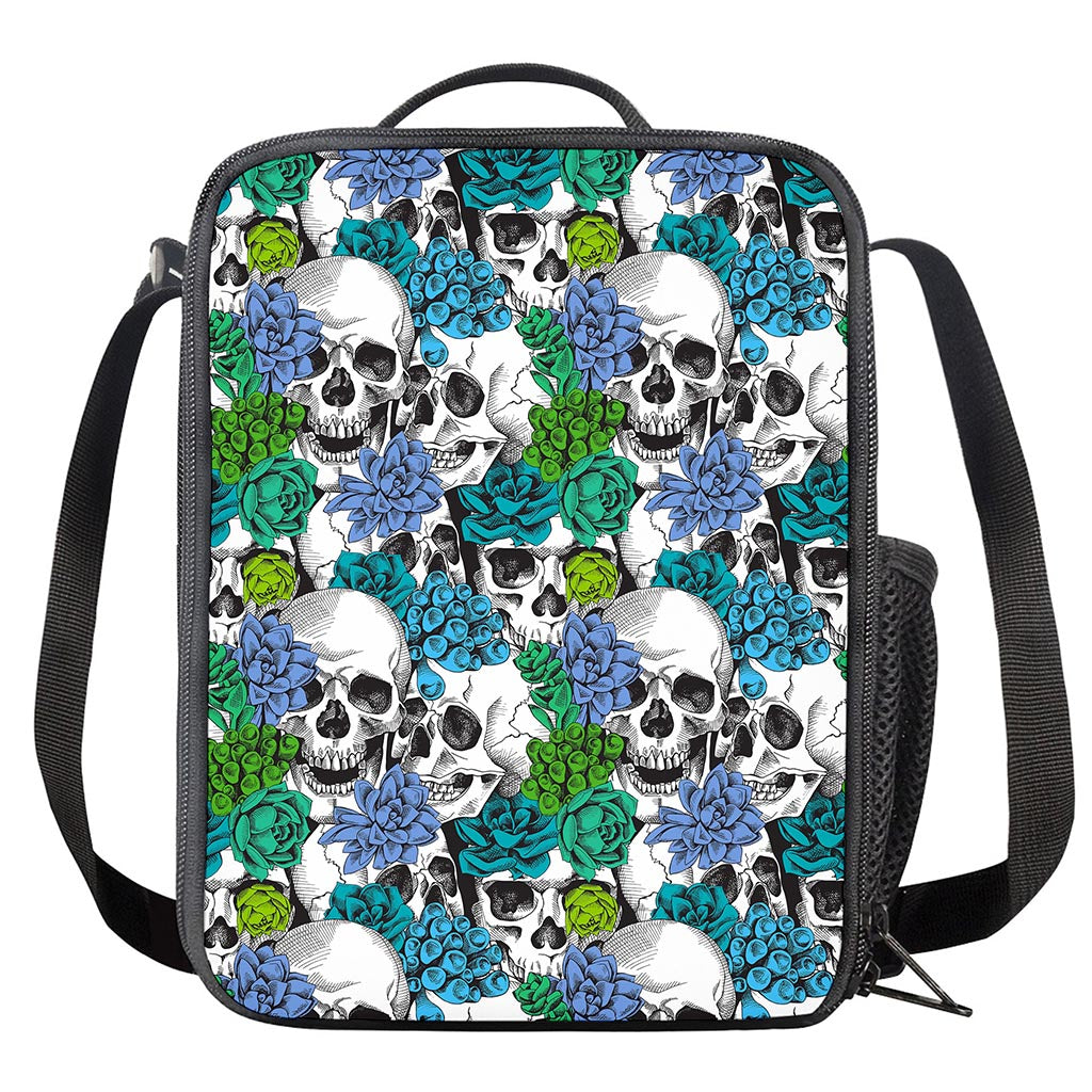 Green Blue Flowers Skull Pattern Print Crossbody Lunch Bag