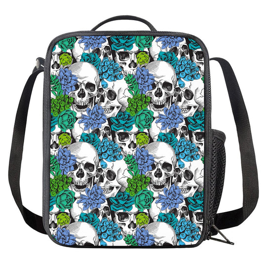 Green Blue Flowers Skull Pattern Print Crossbody Lunch Bag