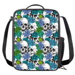 Green Blue Flowers Skull Pattern Print Crossbody Lunch Bag