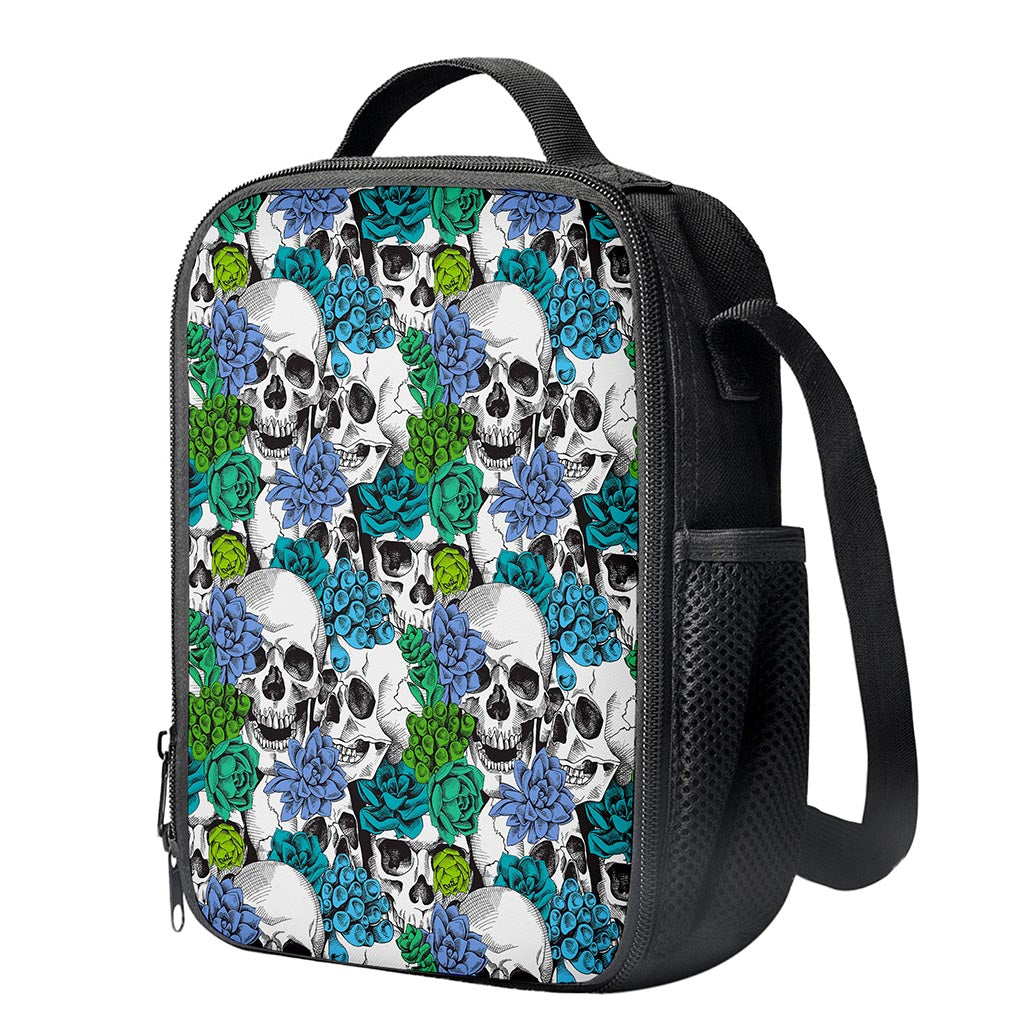 Green Blue Flowers Skull Pattern Print Crossbody Lunch Bag