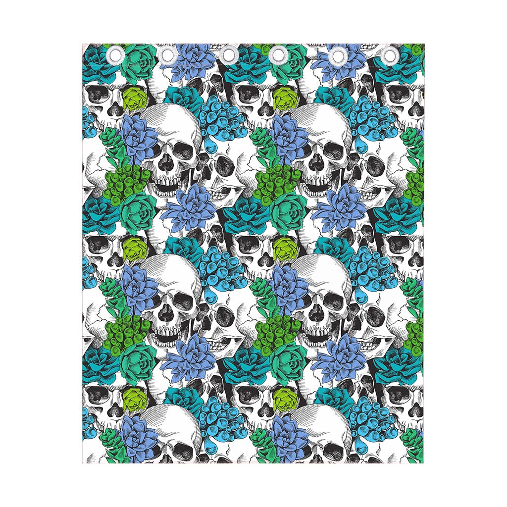 Green Blue Flowers Skull Pattern Print Curtain