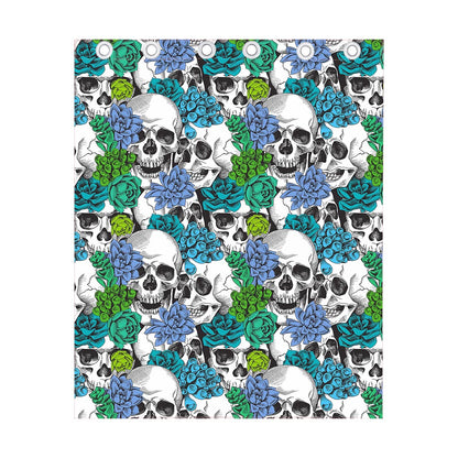 Green Blue Flowers Skull Pattern Print Curtain