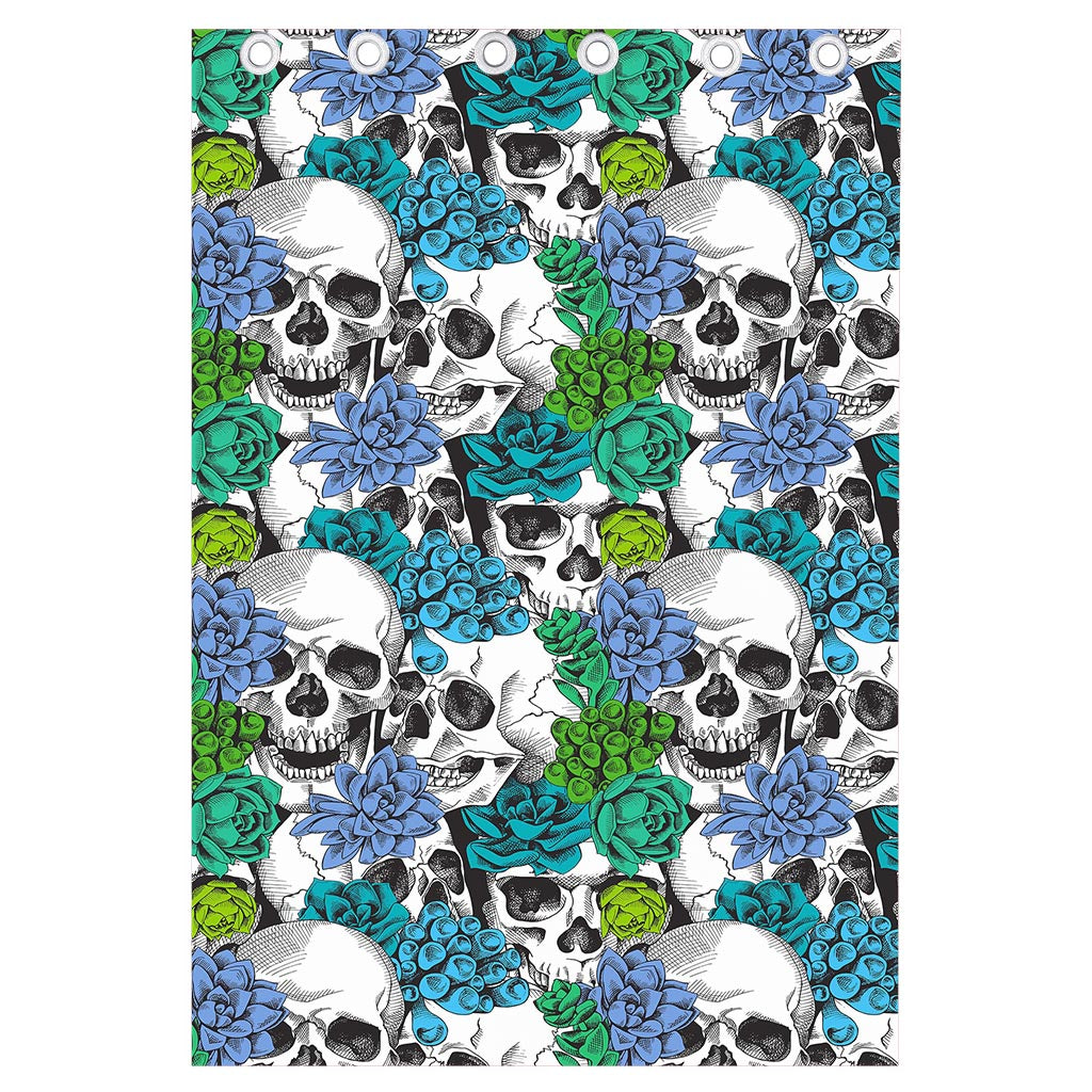 Green Blue Flowers Skull Pattern Print Curtain