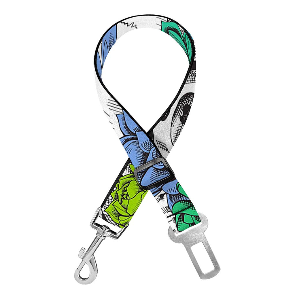 Green Blue Flowers Skull Pattern Print Dog Seat Belt
