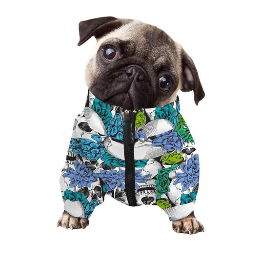 Green Blue Flowers Skull Pattern Print Dog Zip Up Jacket