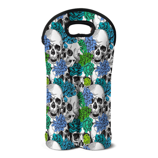 Green Blue Flowers Skull Pattern Print Double Neoprene Wine Tote