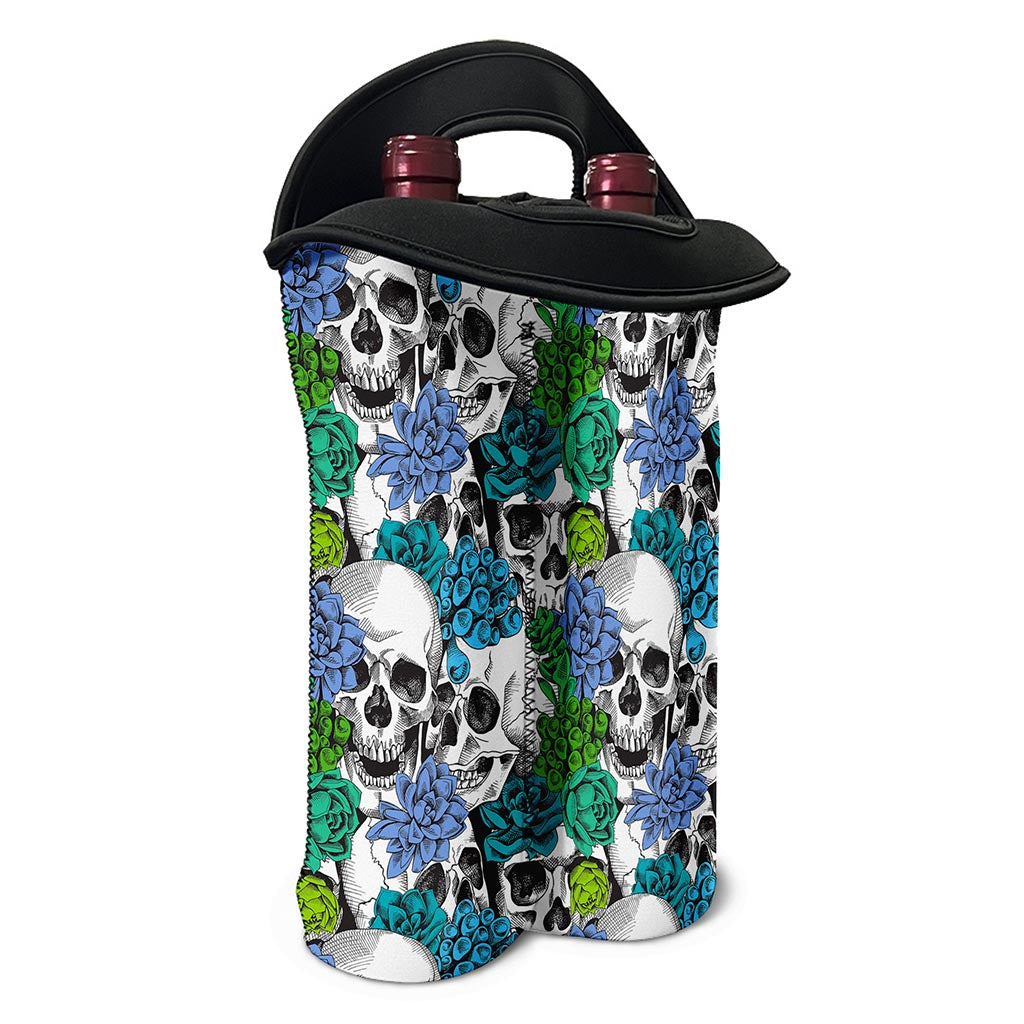 Green Blue Flowers Skull Pattern Print Double Neoprene Wine Tote