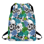 Green Blue Flowers Skull Pattern Print Drawstring Backpack