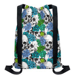 Green Blue Flowers Skull Pattern Print Drawstring Backpack