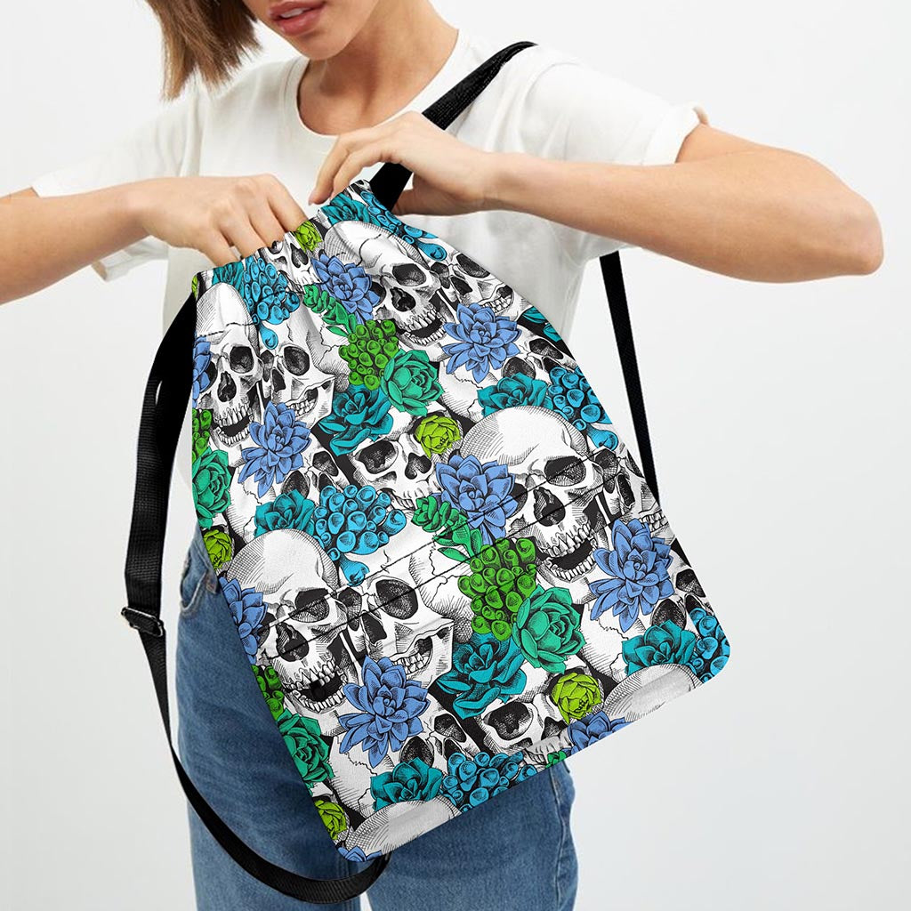 Green Blue Flowers Skull Pattern Print Drawstring Backpack