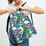Green Blue Flowers Skull Pattern Print Drawstring Backpack