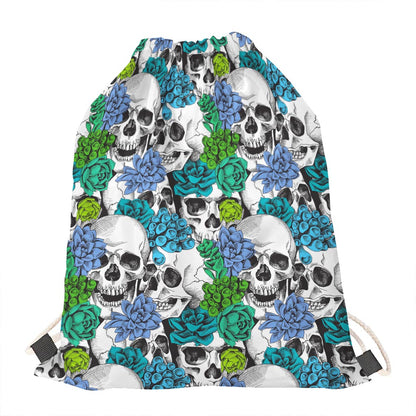 Green Blue Flowers Skull Pattern Print Drawstring Bag