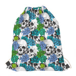 Green Blue Flowers Skull Pattern Print Drawstring Bag