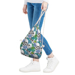 Green Blue Flowers Skull Pattern Print Drawstring Bag
